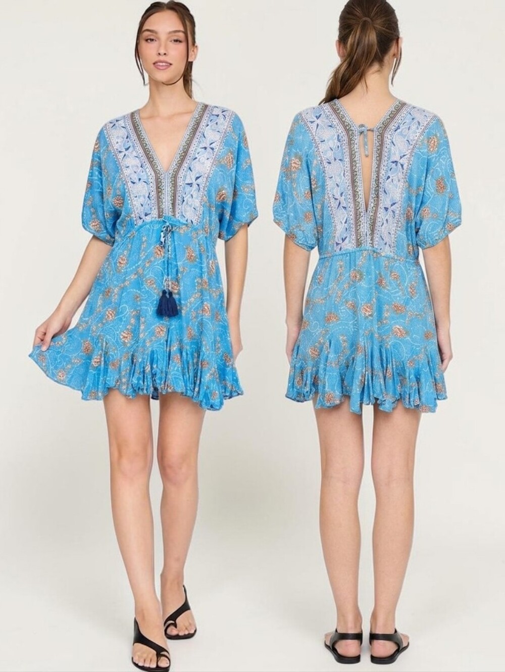AAKAA Boho Kimomo Sleeve Kaftan Mini Dress - Size S